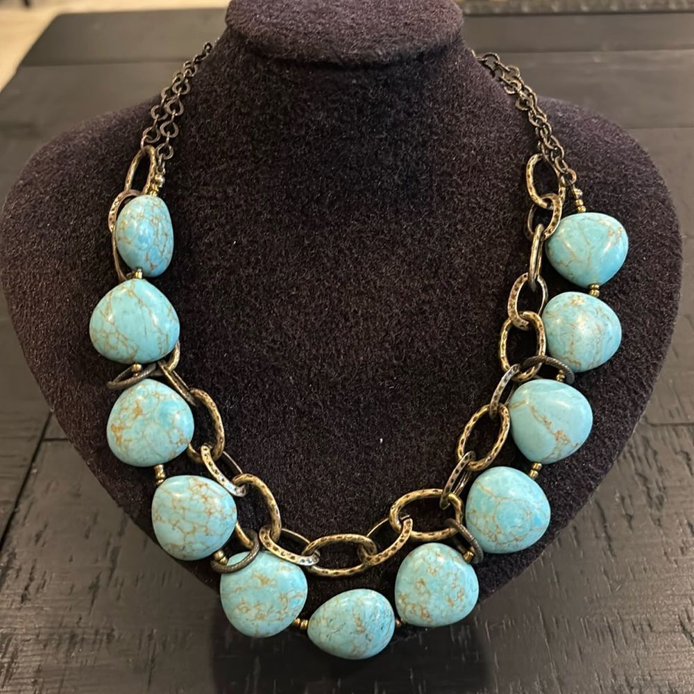 Premier Designs Necklace Faux Turquoise Antique Gold Tone Chain Jewelry 17-20"
